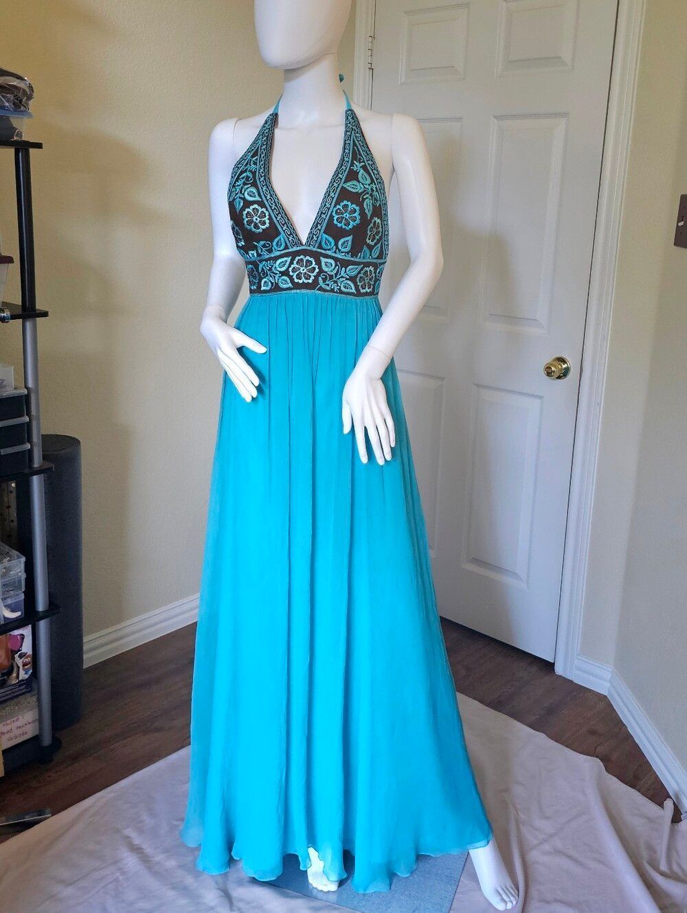 Turquoise Halter Maxi Dress with Embroidered Bodice